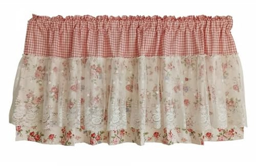A.Monamour Gardine Scheibengardinen Kurzstores Blickdicht Vintage Floral Weiß Voile Spitze Rot Kariert Kurzvorhang Kurzgardinen Küchengardine Volants Küche Fenster Cafe Kurz Vorhang Bistrogardine