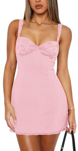 MIYIEONZ Women's Summer Mini Dresses Sleeveless Sexy Square Neck Lace Splicing Cocktail Party Large Light Pink Straps Bodycon Dress