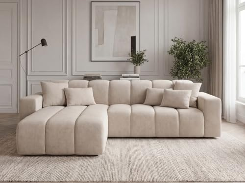 GRAINGOLD Nork Ecksofa 265x180 cm, L-Form Sofa, Ecksofa für Wohnzimmer, Velour, 4-Sitzer Eckcouch, Modernes Design (Beige, Links)