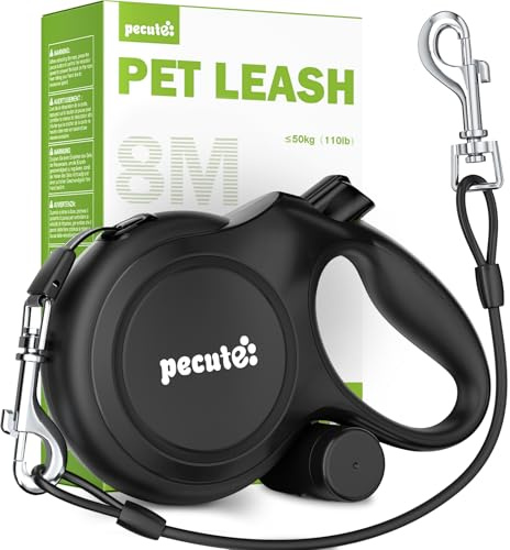 Pecute Guinzaglio per Cani Allungabile 8 metri con Corda Anti-morso da 46 cm, Guinzagli Retrattili con Sacchetti Igienici e Porta Sacchetti|Per Passeggiate/Addestramento/Pioggia, fino a 15-50 kg, Nero
