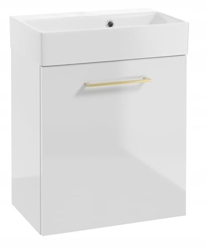DomoDomo - Waschbeckenunterschrank 60 cm breit Hängend – Bad Unterschrank Weiß Hochglanz – Mit Waschbecken – Soft Close Tür, Goldgriff, Glamour Stil