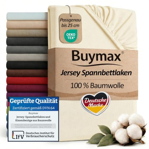 Buymax Spannbettlaken 140x200cm Baumwolle 100% Spannbetttuch Bettlaken Jersey, Matratzenhöhe bis 25 cm, Farbe Beige