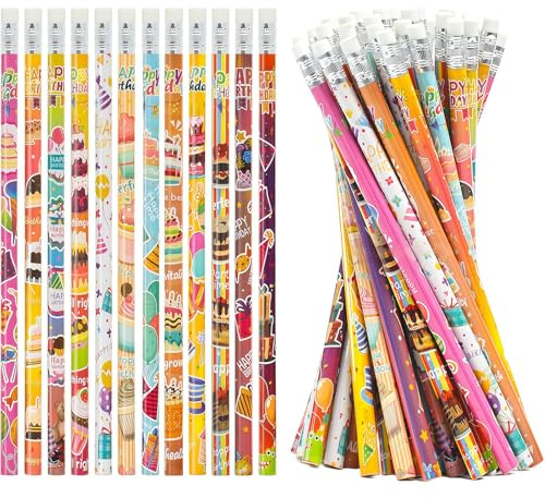 Vesavifaka 24 Pezzi Happy Birthday matite HB per Studenti, matite Colorate con Gomma per Bambini, cancelleria in Legno per Insegnanti, ricompense in Classe e Articoli per Feste, 12 Design Diversi