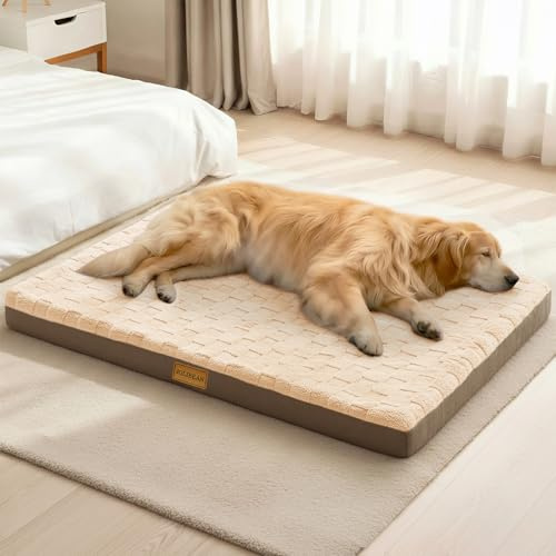 Jolibean Cama Perro Grande Ortopédica, Colchoneta Perro de diseño a Cuadros, Sofá Perro con Espuma De Caja De Huevos, Impermeable Lavable Desenfundable, 122x76cm, Marrón