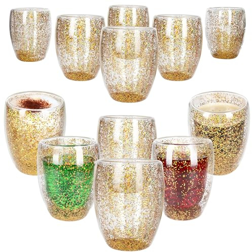 MamboCat Lot de 12 verres à confettis à double paroi 270 ml I Paillettes dorées I pour boissons chaudes et froides I Verre isotherme pour cappuccino, thé, cocktails, eau I Fêtes, Noël, Nouvel An