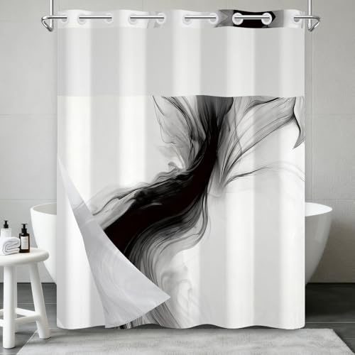 Black and White Shower Curtain and liner Set, Waterproof No Hook Fabric Shower Curtain with Split Ring Design, Neutral Abstract Modern Minimalist Bathroom Curtains with Top Sheer Window, 71x74 Inch