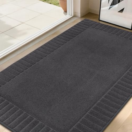 BEQHAUSE Fussmatte Innen, Waschbare, TPR rutschfeste, Dunkelgrau, 90x150cm | Schmutzfangmatte für Haustür, Super Saugfähiger Fussmatte Teppich für Eingang, Haustiere, Hunde, Polyester, Niedriges Design