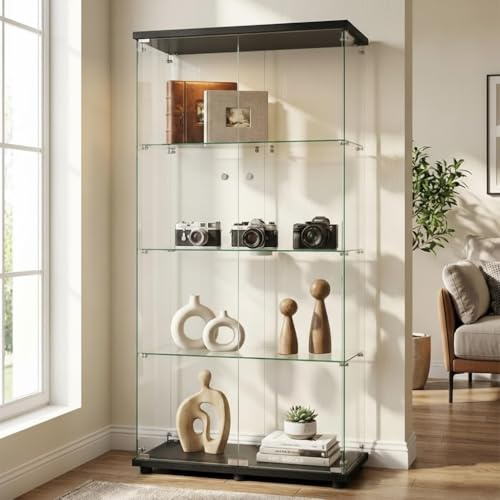 GAWYOEX Vitrine Glas, 164.5cm Groß Standvitrine, 2 Tür 4 Lagen Glasvitrine Stehend Vitrinenschrank Sammlervitrine Hochschrank für Wohnzimmer, Schlafzimmer, Büro (2 Tür 4 Lagen, Schwarz)