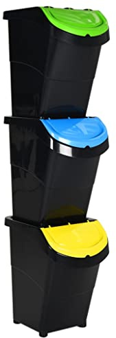 RCODSSK Cubo de basura apilable de 120 litros, color negro, polipropileno, apilable, 120 L, con tapa, 3 unidades
