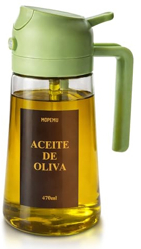 MOPEMU Aceitera Spray Pulverizador 2 en 1 de Vidrio 470 ml, Dispensador de Aceite Antigoteo para Freidora de Aire, Ensaladas, Barbacoa y Cocina, Incluye Etiquetas