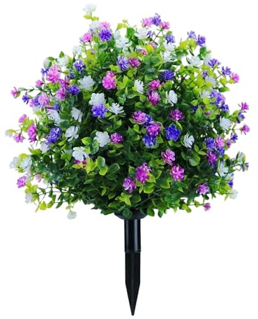 ZhzeYun Artificial Topiary Balls with Ground Spike, 45cm, UV Resistant, Purple and White Flowers, Faux Evergreen Shrubs for Outdoor Garden, Porch, Cemetery, Indoor Decor (4)