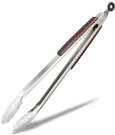 Relaxdays Küchenzange Edelstahl, Grillzange m. Holzgriff, 38 cm Edelstahlzange, Silber | 38 cm Edelstahlzange