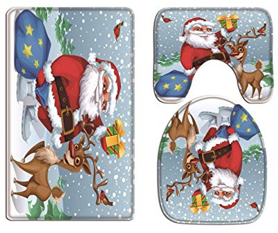 A.Monamour Badezimmer Badematte 3 Teilig Set Cartoon Weihnachtsmann Rentier Tasche Voller Geschenke Winter Schnee Weihnachten Urlaub Dekore Flanell Badteppiche Badvorleger Badgarnitur WC Vorleger