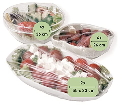 culivac Abdeckhauben für Lebensmittel aus Bioline ECO-LDPE Gummizug Naturkautschuk Frischhaltefolie für Schüsseln Essen Kuchen Fliegenhaube Made in Sweden BPA frei 10Stk=4x26cm+4x36cm rund +2x55x33cm