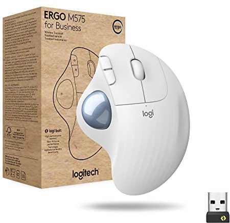 Logitech ERGO M575 For Business kabelloser Trackball – leichte Daumensteuerung, ergonomisches Design, gesichertes Logi Bolt, Bluetooth, weltweit zertifiziert, Windows/Mac/Chrome/Linux – Grafit - Weiß