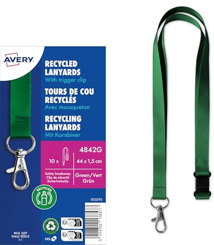 Avery Italia 4842G – Cordoncini in Rpet Riciclato Verde con Gancio e Chiusura di Sicurezza 440x15mm, 10 pezzi – Per Porta Badge in Fiere, Eventi e Conferenze