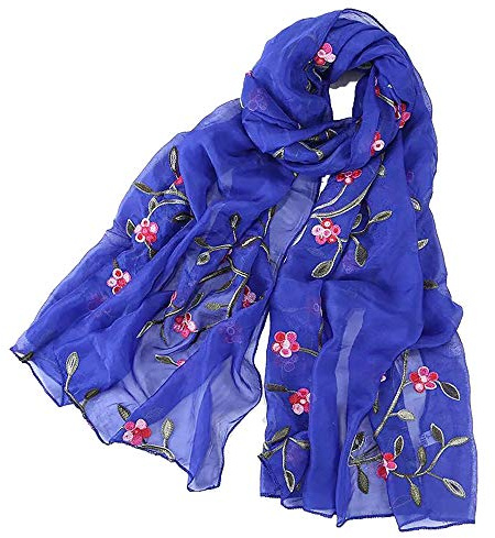 Pluto & Fox Foulard Donna Ricamato Con Fiori Sciarpa Di Seta Elegante Design Retrò Sciarpa Collo Stola (Blu Reale)