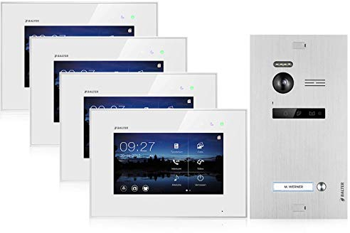 Balter EVO Video Türsprechanlage, Touchscreen, 4X 7 Zoll Monitor, Smartphone App, 2-Draht Bus, Türstation für 1 Familienhaus Türklingel, 150° Weitwinkel-Kamera, Silber-Weiß