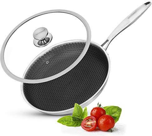 INTIGNIS Premium Frying Pan with Lid – 28cm / 11 Extra-Deep Stainless Steel Skillet – Honeycomb Hybrid Design, GREBLON® Shield Technology, Scratch Resistant, Chemical-Free, Oven & Hob Compatible