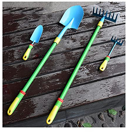 Kinder-Gartengeräte Set Spielzeug, Kelle, Grubber, Rechen, Schaufel, aus Stabilen Stahlköpfen und Echtholzgriff, Mehrfarbig, 7 Jahre alt +