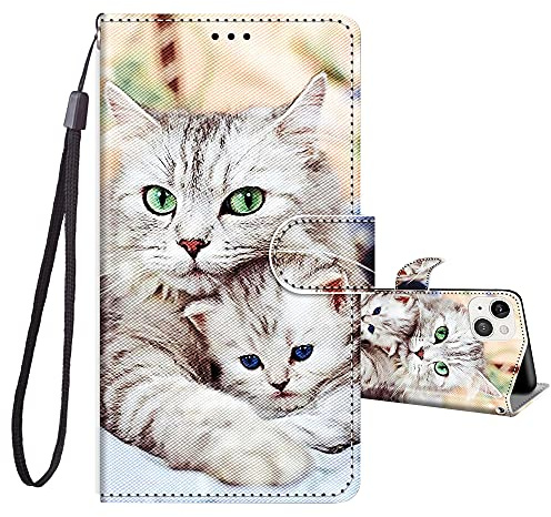 JRIANY for iPhone 13 Case 6.1-inch, PU Leather Wallet Case with Card Holder Animal Pattern Cute Design Shockproof Cover Flip Case Compatible with Apple iPhone 13 - Cats D