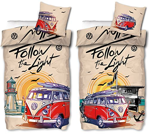 BERONAGE VW Volkswagen Bulli Bettwäsche Follow The Light 135 cm x 200 cm + 80 cm x 80 cm 100% Baumwolle Renforcé-Linon-Qualität VW-Bus T1 Camper Van 2 Motive Retro Wendebettwäsche Reißverschluss 187