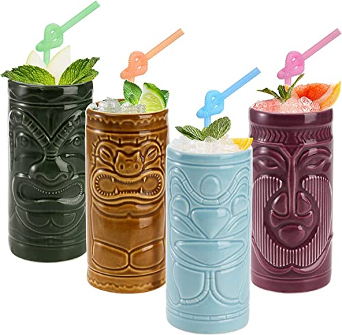 Jucoan 4 Pack Ceramic Tiki Mug, 300ml Drinking Cups, Exotic Zombie Cocktail Glasses, Mai Tai Tumblers, Hawaiian Party Barware for Professional Bar