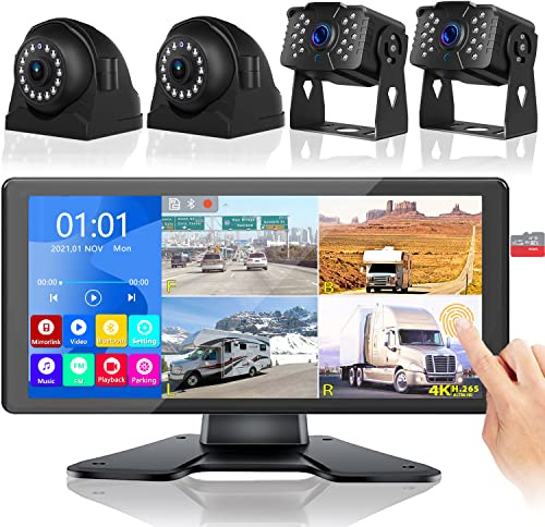RV Backup Camera for RV Truck Semi Truck Trailer, 4K 10.36 Touch Monitor with Recording DVR MP5 Bluetooth Adjustable Parking Assist Line & Four 1080P AHD IP69 Waterproof Rear Side View Backup Cameras