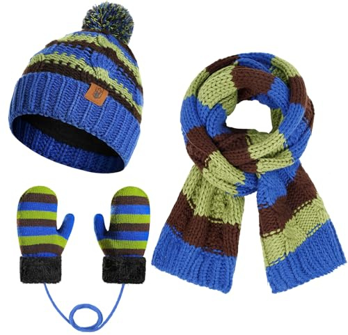 INSISMY Wintermütze Kinder mit Schal Handschuhe Set Beanie Mütze Warme Fleecefutter mit Bommel und Fäustlinge Kinder für Jungen Mädchen 3-8 Jahren Weihnachtsgeschenke