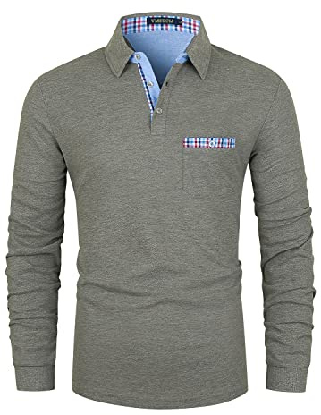 VMSUCIJ Men's Polo Long Sleeve Denim Patchwork Collar Cotton Golf T-Shirt with Real Pocket