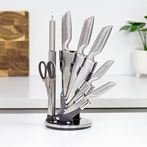 Blackmoor 69039 7-Piece Knife Set with 360° Clear Rotating Stand/Hardened High-Grade Stainless Steel/Includes Scissors and Knife Sharpener/Modern & Stylish Kitchen Accessories