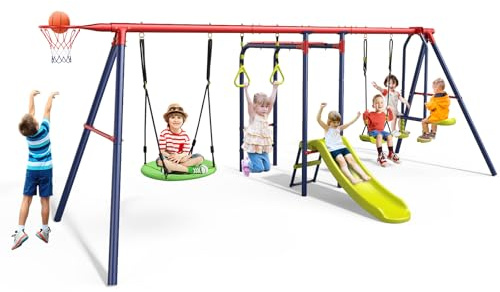 OLAKIDS Swing Sets for Backyard, 7 in 1 Outdoor 300KG A-Frame Heavy Duty Metal Swing Stand with Monkey Bar Slide, 2 Swings, Glider, Trapeze Rings, Basketball Hoop for Kids Playground