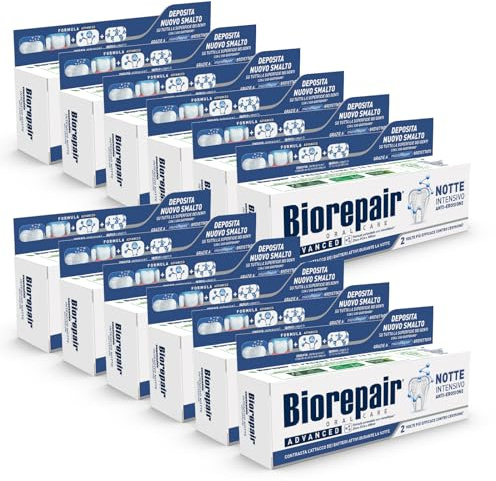 Biorepair, Advanced Zahnpasta für die Nacht, intensiv gegen Erosion, 12 Packungen à 75 ml, schützt und repariert den Zahnschmelz, antibakteriell, mit MicroRepair, Zink PCA und Xylitol, für einen