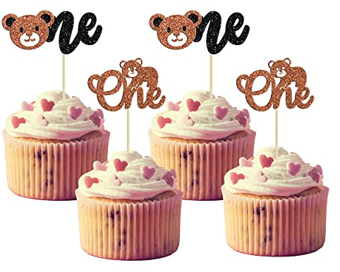 Gyufise 24 adornos para cupcakes de oso con purpurina, oso de una magdalena, decoraciones para tartas de primer cumpleaños para revelar género, tema de oso baby shower, suministros de fiesta de