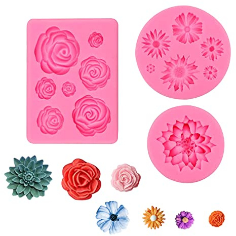 Flower Silicone Mould, 3Pcs 3D Daisy Rose Fondant Cake Moulds Candy Chocolate Molds Baking Tools for Cupcake Cake Decorating Soap Making Polymer Clay Crafting (Pink)