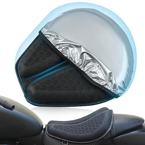 SKYJDM Foldable Motorcycle Seat Cushion with Sunshade Cover, Large 3D-Honeycomb Structure Shock Absorption & Breathable Motorcycle Gel Seat Pad for Long Rides