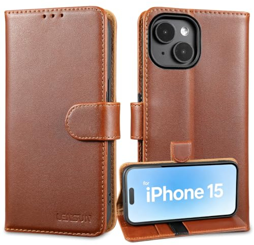 LENSUN Echtleder Hülle für iPhone 15, RFID Schutz Handytasche, Dunkel Braun | Handyhülle Echtes Leder, Standfunktion Schutzhülle, Klappbar Ledertasche, Kontrastdesign