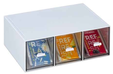 Relaxdays Scatola Porta tè e Tisane, 3 Cassetti, Cassettiera in Verticale o Orizzontale, Impilabile, Bianco Trasparente, 8 x 23 x 17.5 cm