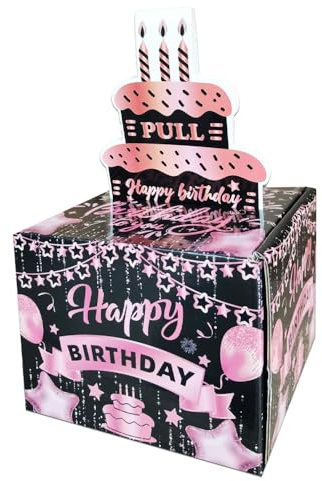 Rosa Happy Birthday Spardose für Bargeld, Überraschungsbox, lustiges Ziehgeld aus Geld, Geschenkbox für Frauen und Männer, schöne Geldschublade, DIY-Kuchen mit herausziehbarer Karte für Kinder