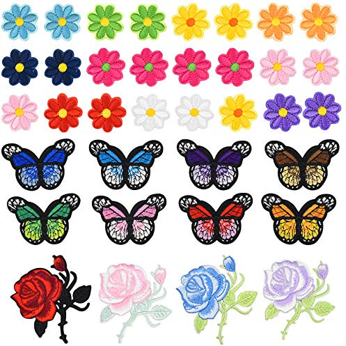 36 Stück Patches zum Aufbügeln, DIY Kleidung Patchen, Bestickte Aufnäher Blumen Aufbügelflicken Schmetterling, Niedlich Kleine Aufbügler für Erwachsene Kinder