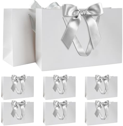 Set Sacchetti Regalo, Sacchetto Regalo Bianco con Nastro Sacchetto Regalo con Manici 8 Pezzi 30x20x10cm Sacchetti Regalo per Natale Compleanno Matrimonio