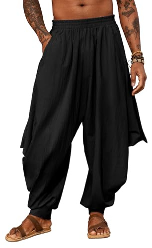 PASLTER Mens Harem Pants Linen Yoga Beach Baggy Summer Boho Aladdin Genie Pants Black