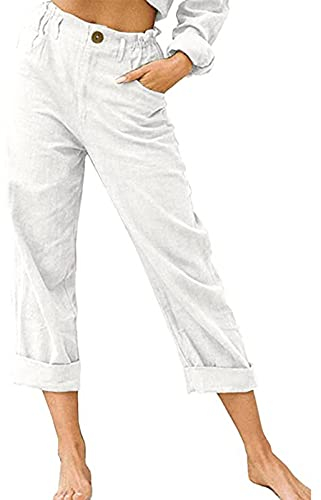 AACH Leinenhose Damen Sommer 3/4 Sommerhose Leicht Dreiviertel Hose Caprihose Luftige Freizeithose High Waist Stoffhose Casual Baumwolle Leinen Kurze Capri Hosen sonderangebote & Restposten