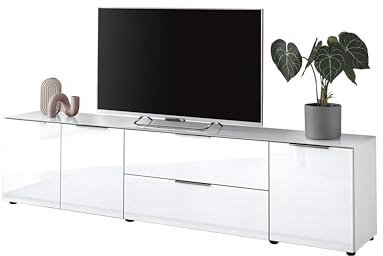 SANTORIN TV-Lowboard TV-Board in Weiß, TV-Schrank für Fernseher bis 77 Zoll | 226 x 55 x 40 cm (B/H/T), Front und Oberboden aus Glas, Wohnzimmer, viel Stauraum