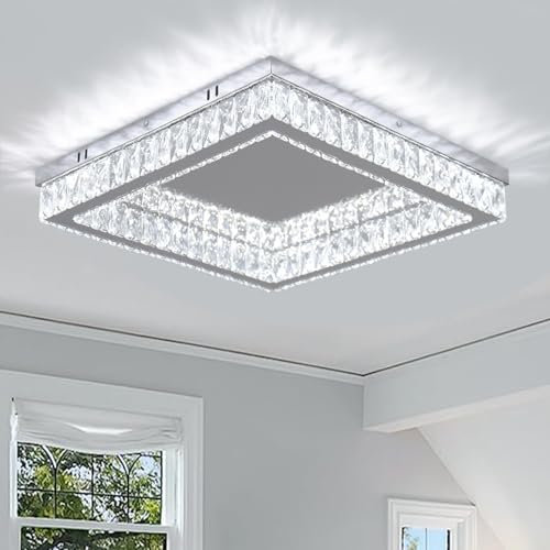 Finktonglan Modern Square Crystal LED Ceiling Lights 17.7 inch Flush Mount Ceiling Light Fixture Stainless Steel Chandelier Ceiling Lamp for Living Room Bedroom Dining Room, 6000K, 34 Watts