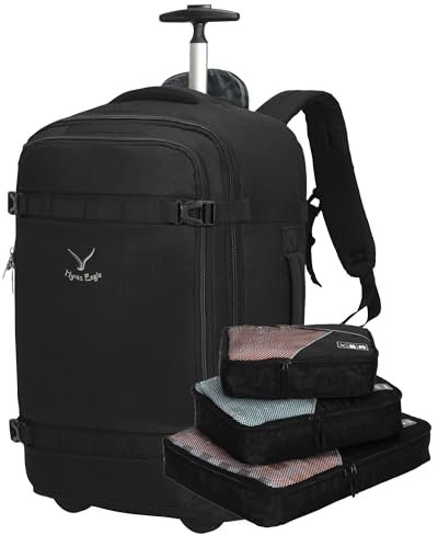 Hynes Eagle 42L Trolley Rucksack Reisetasche mit Rollen Handgepäck Handgepäckkoffer für Reisen und Business 54x35x23cm mit Wasserflaschentasche und Verpackungswürfeln Schwarz