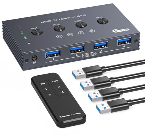 TJCXELE USB Switch 4 PC USB 3.0 Switcher Selector 4 In 4 Out für vier Computer Sharing vier USB-Geräte Tastatur, Maus, Drucker, Scanner, U Disk mit Fernbedienung und 4xUSB 3.0 A zu A Kabel