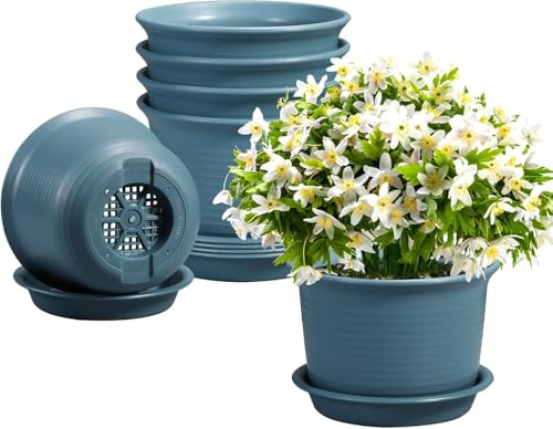 BSTMOME 6 st plastplanteringsset, 15 cm tjocka blomkrukor med dräneringshål och brickor, örtkrukor fönsterbräda, krukor för inomhus/utomhus, hem och trädgårdsdekor (blå)
