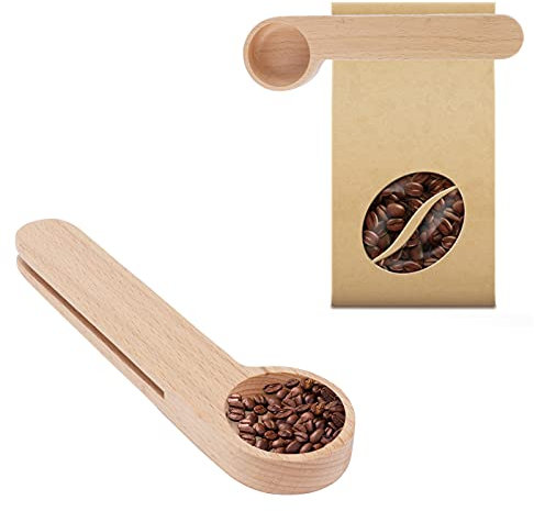Wooden Scoop, 2PCS 2in 1 Coffee Scoop Clip Wooden Coffee Scoop and Bag Clip Tablespoon Wood Measuring Scoop with Bags Sealer