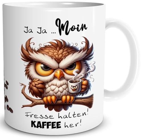 TRIOSK Tasse Morgenmuffel Eule lustig mit Spruch Moin Fresse halten Kaffee her Spaß Kaffeemotiv Geschenk für Kaffeeliebhaber Frauen Männer Eulenliebhaber Kollegen Weiß, Keramik 300ml